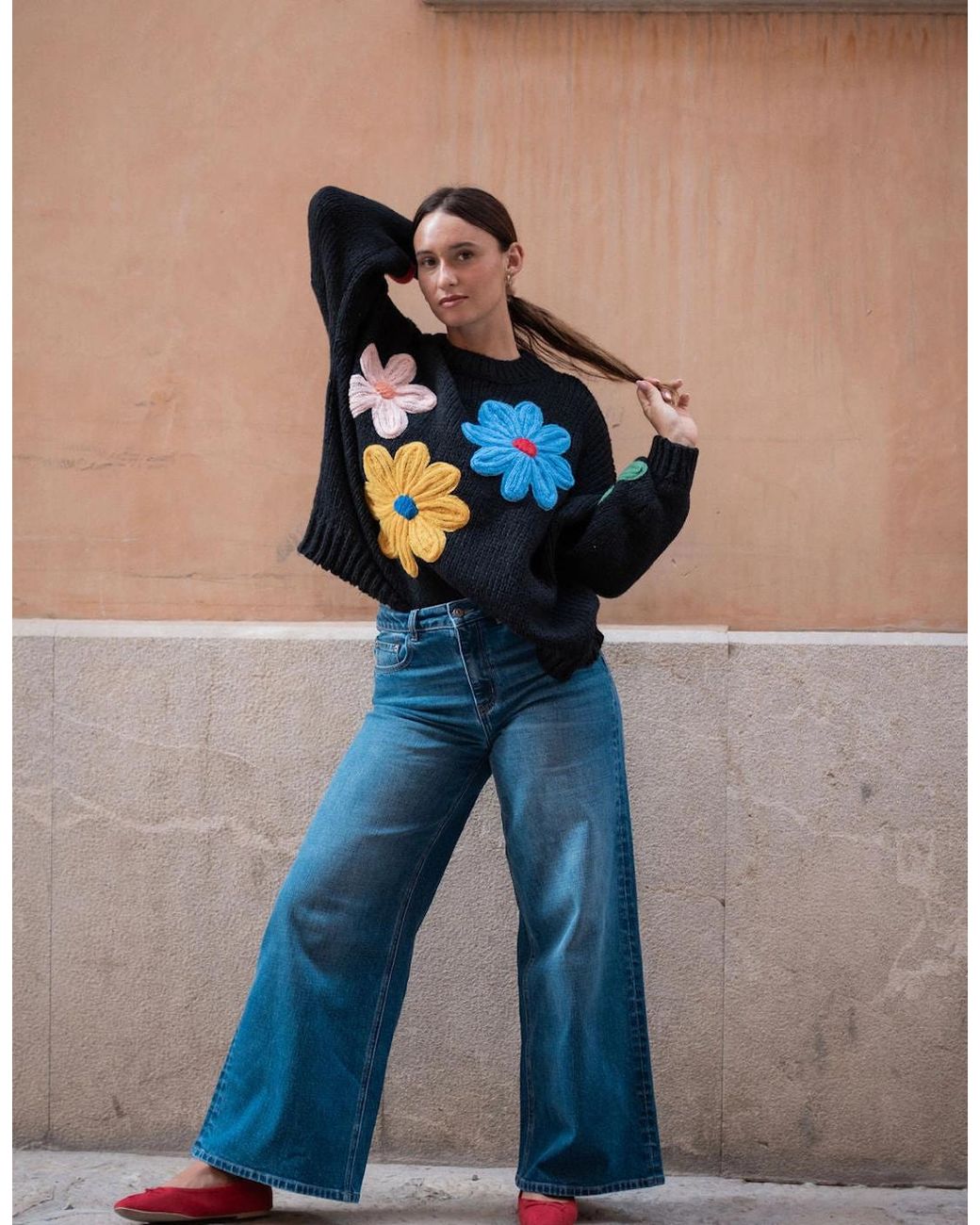 Gini London Blue Floral Crochet Chunky Knit Oversized Jumper