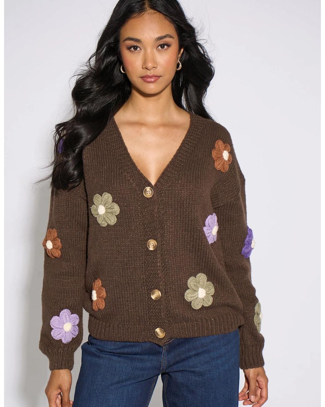 Gini London Brown 3D Floral Sleeves Knit Cardigan