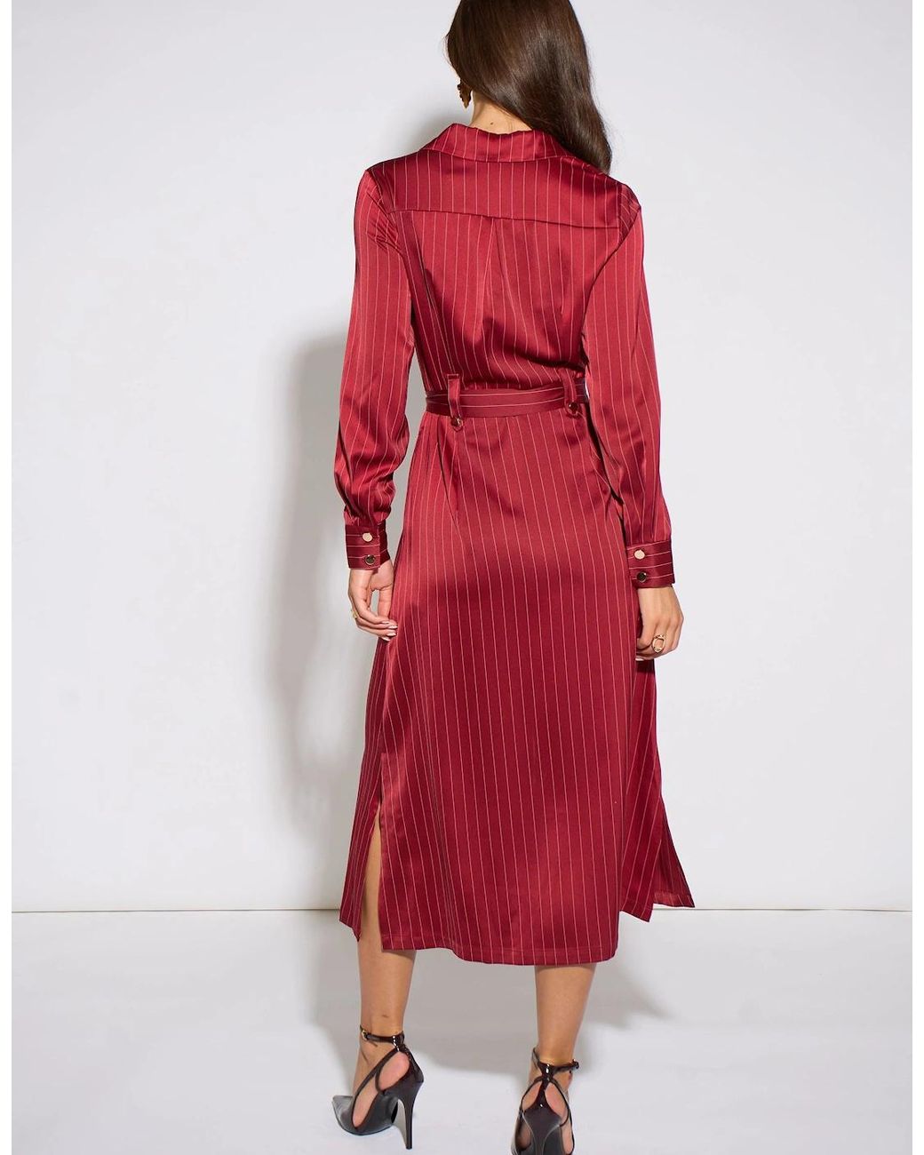 Gini London Red Mulberry Pinstripe Shirt Utility Belted Shirt Dress
