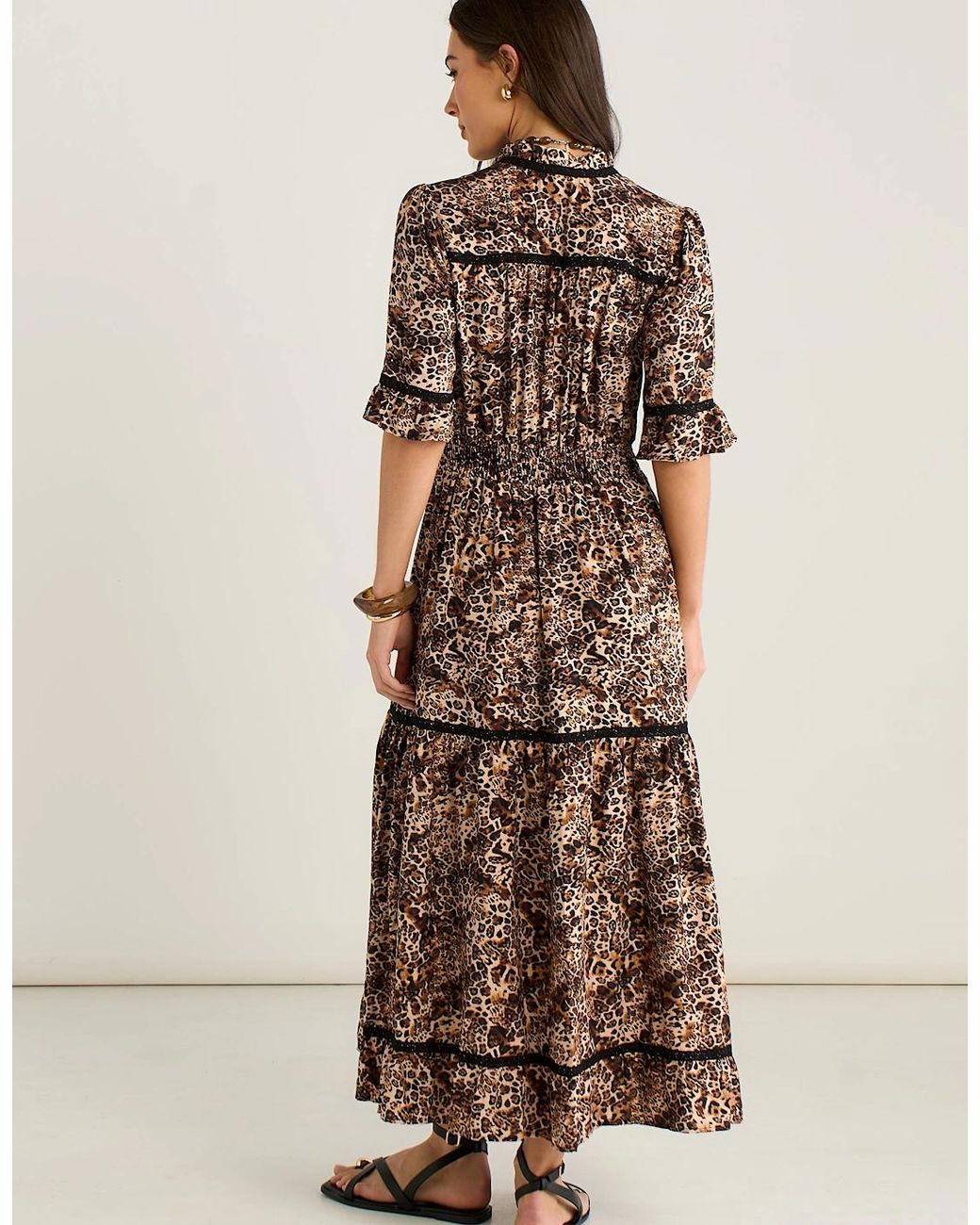 Gini London Brown Animal Print Lace Trim Tiered Midi Dress