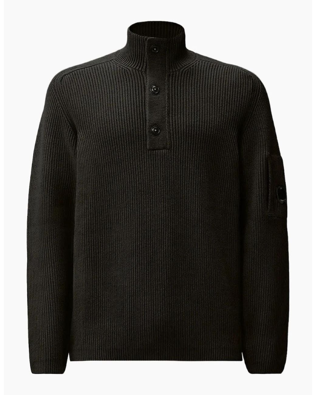 C P Company Black Full Rib Half Button Lens Knit for men