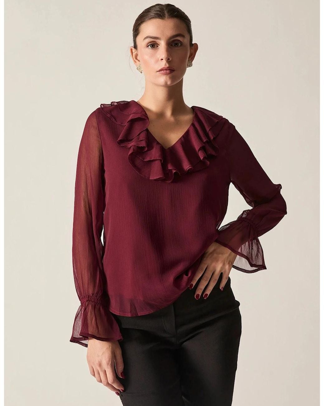James Lakeland Red Burgundy Sheer-Sleeve Ruffle Blouse