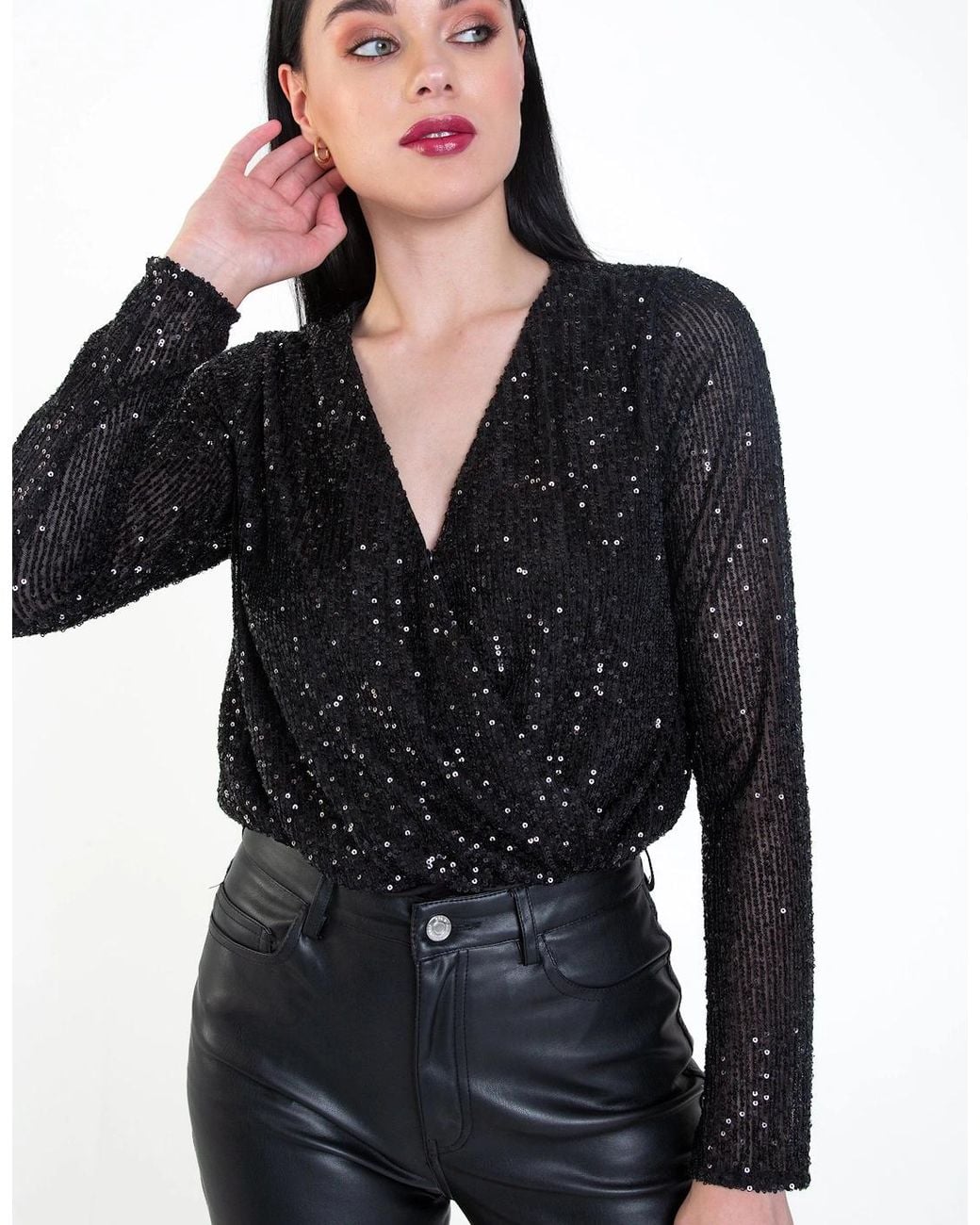 Gini London Black Sequin Wrap Long Sleeves Bodysuit