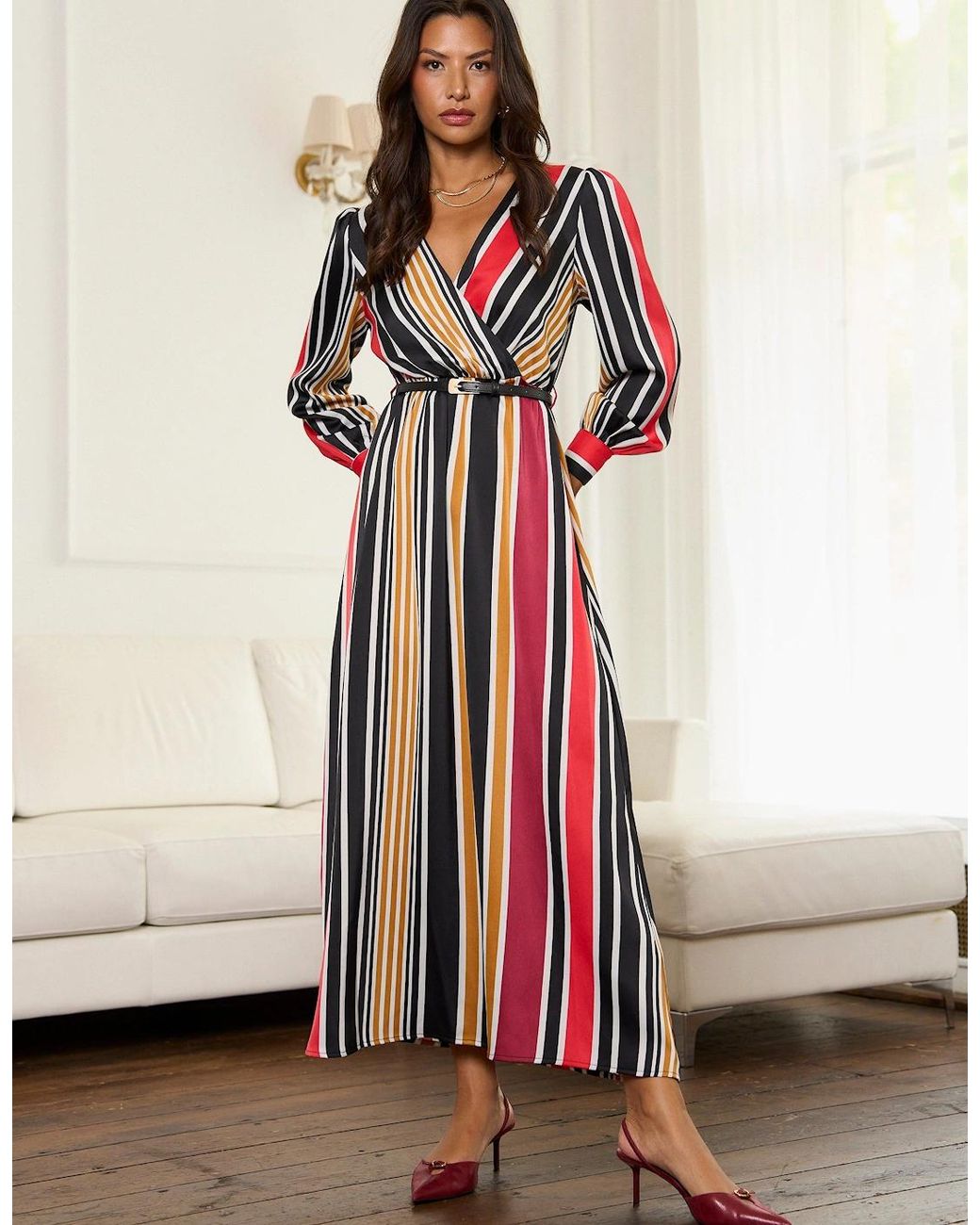 Gini London Red Multi Stripe Satin Wrap Midaxi Dress