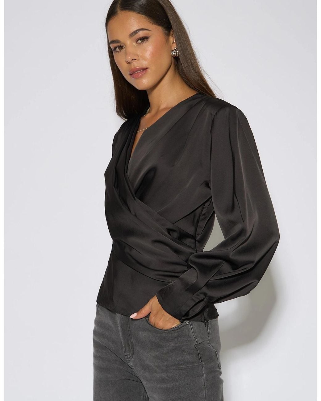 Gini London Black Satin Pleat Shoulder Wrap Top