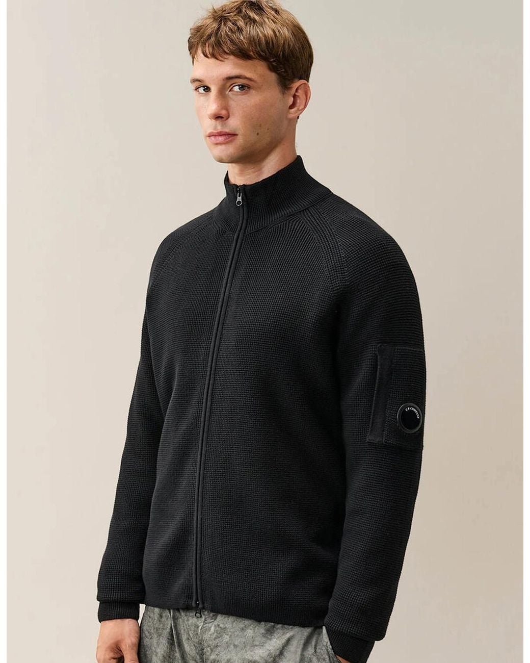 C P Company Black Cotton Waffle Knit Lens Cardigan for men