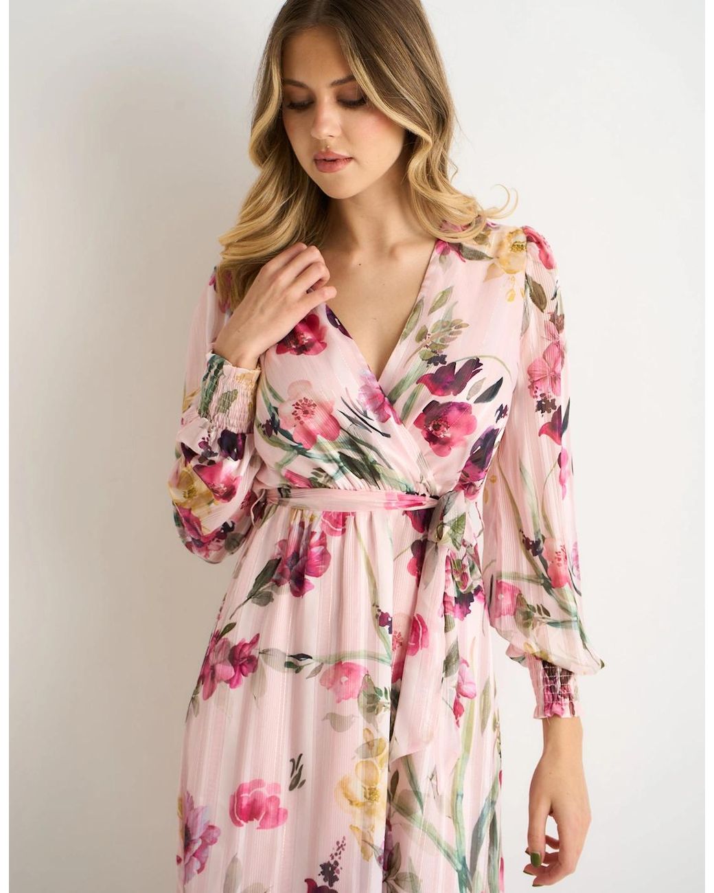 Gini London Pink Floral Print Sparkle Chiffon Wrap Midi Dress
