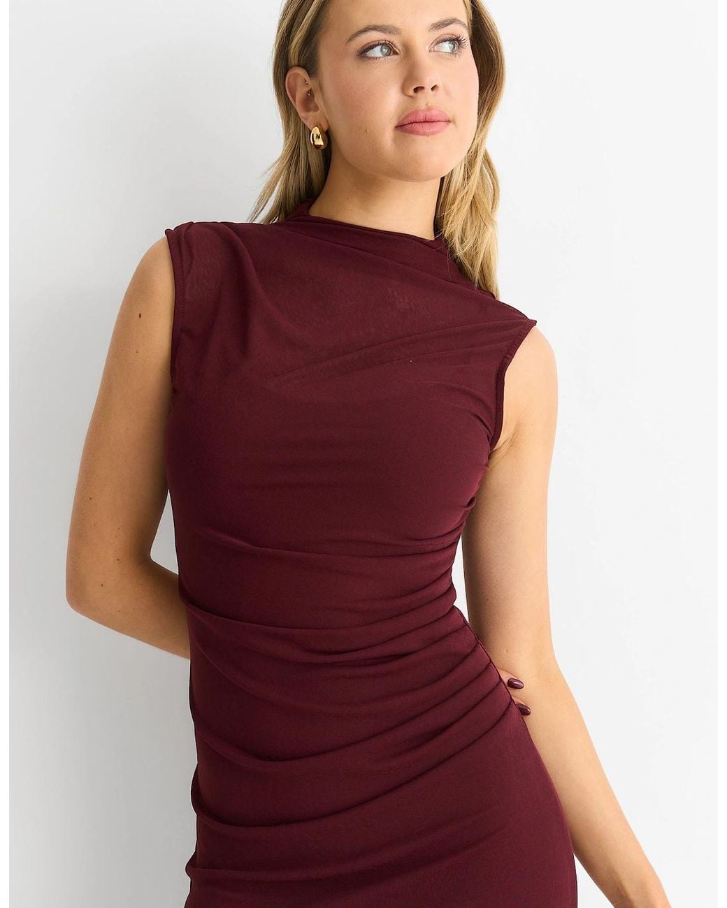Gini London Red Plain Ruched Jersey Midi Dress