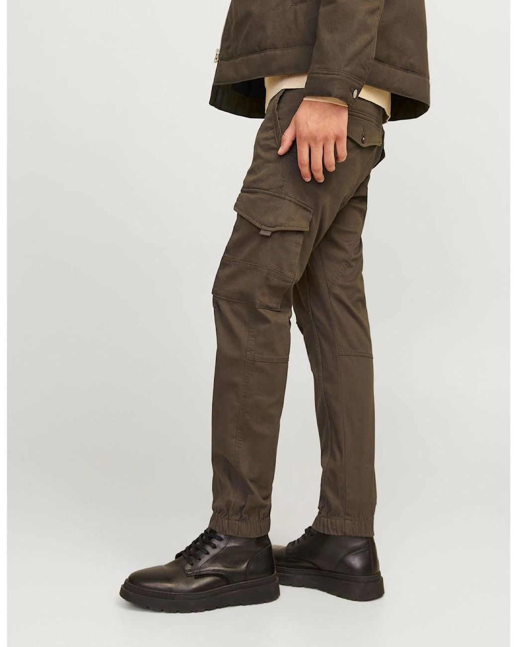Jack & Jones Gray Paul Cargo Ribbed Hem Straight Leg Pants for men