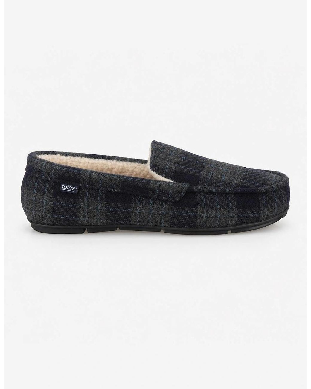 Totes Black Toasties Check Moccasin With Curly Fur Lining Moccasins Check for men