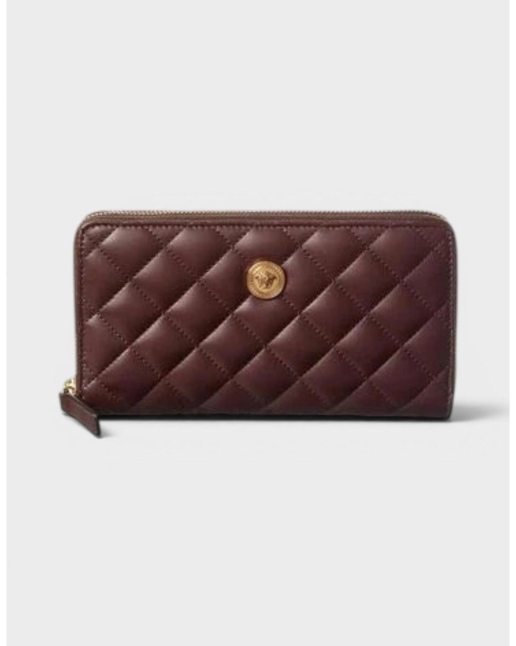 Versace Brown Logo Medusa Zip Around Wallet Quilted Aubergine