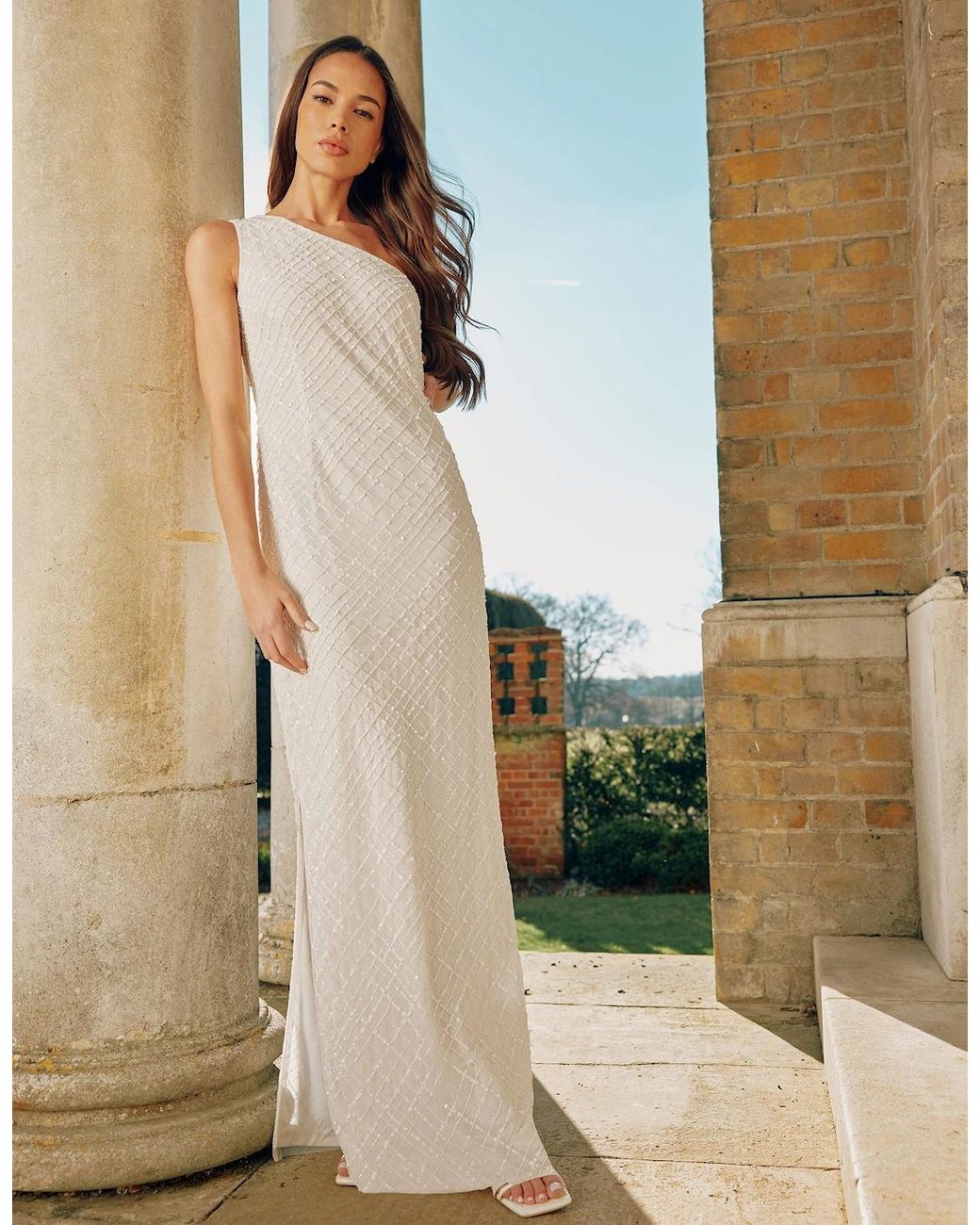 Ro&zo White One Shoulder Beaded Dress
