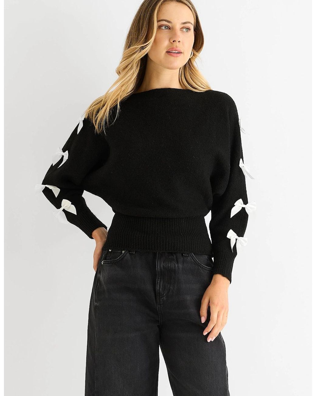 Gini London Black Slash Neck Crop Bow Knit Jumper