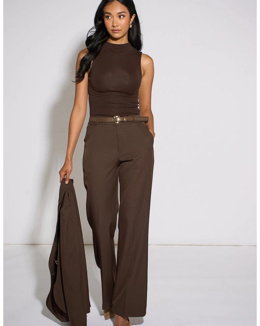 Gini London Brown Wide Leg Belted Tailoring Trouser
