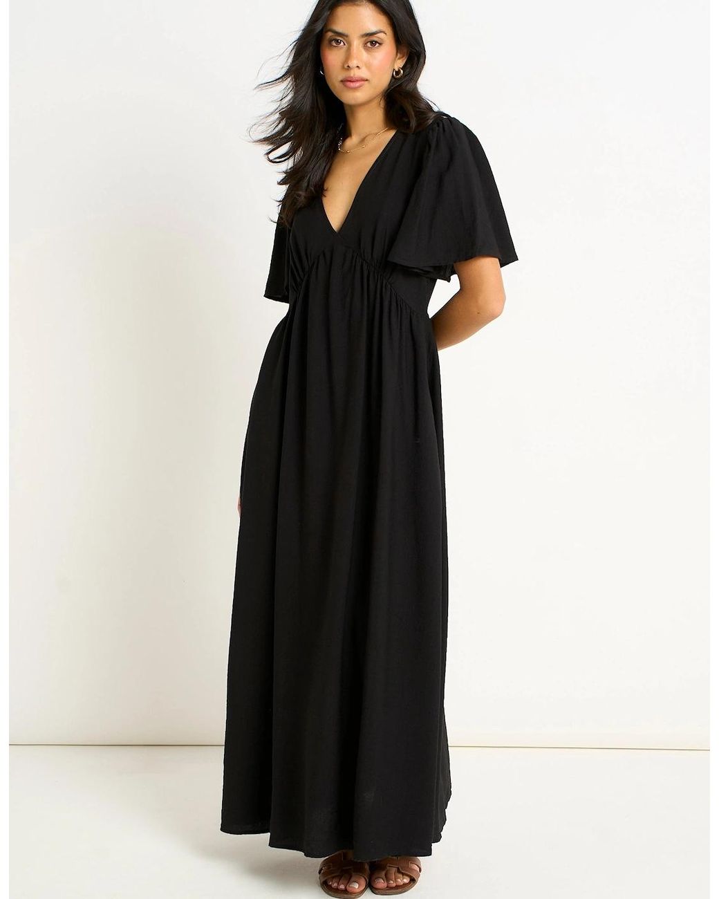 Gini London Black V Neck Angel Sleeves Skater Maxi Dress