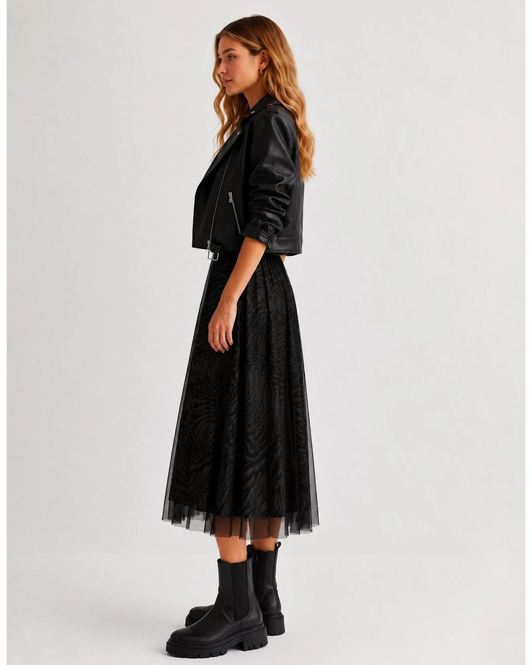 Gini London Black Animal Print Mesh Overlay Pleated Midi Skirt