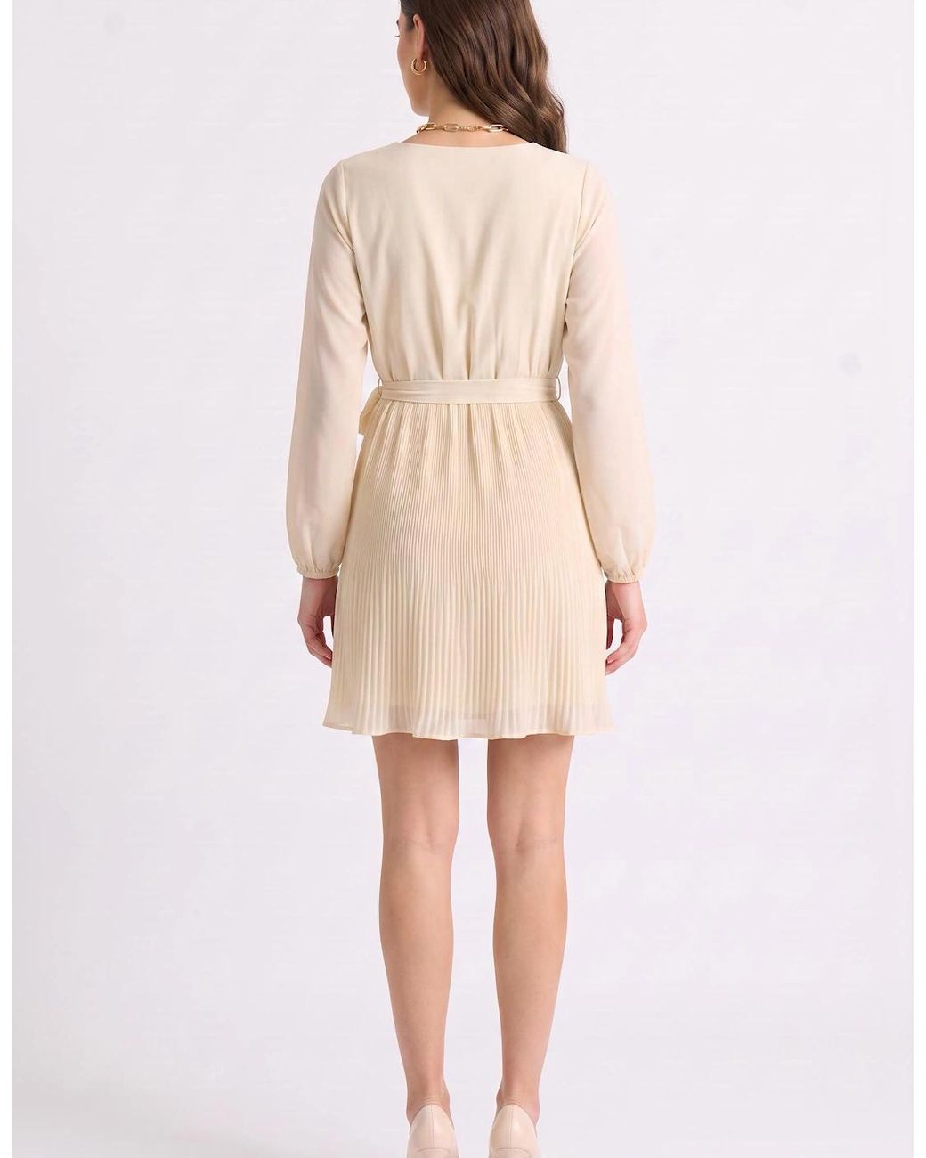 Gini London Natural Cream Pleated Long Sleeve Wrap Mini Dress