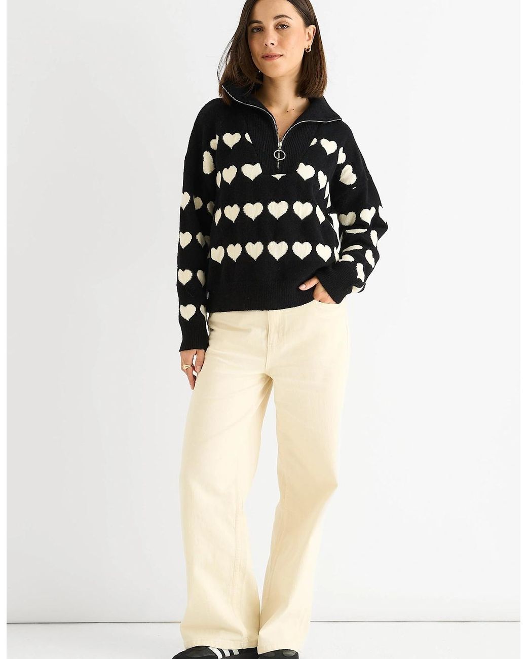 Gini London Black Heart Zip Up Loose Fit Knit Jumper
