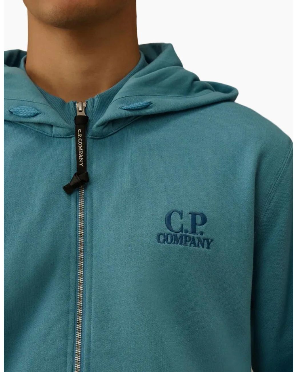 C P Company Green Diagonal Fleece Zip Logo Hoodie for men