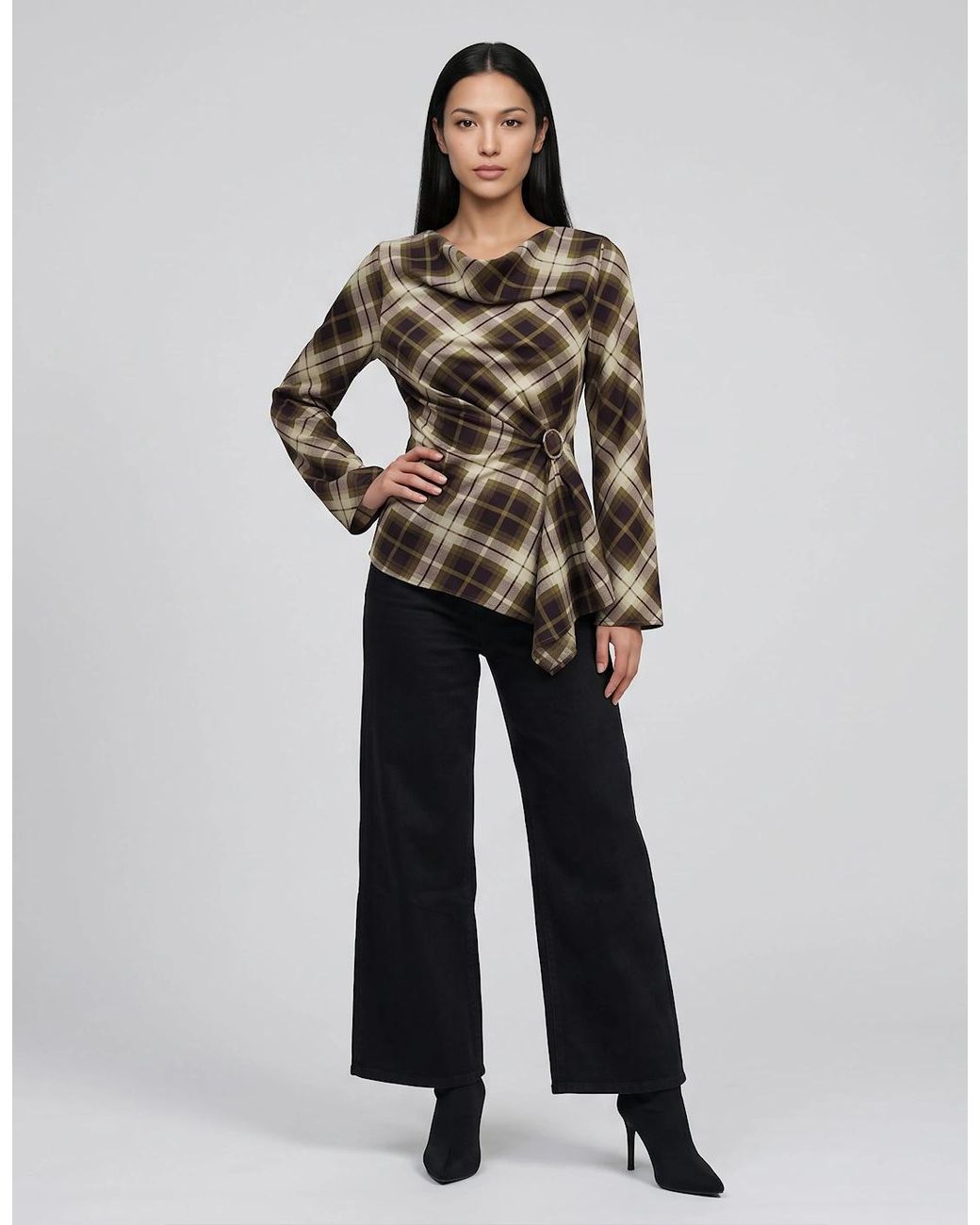 Gini London White Khaki Check Cowl High Neck Ruched Side Blouse