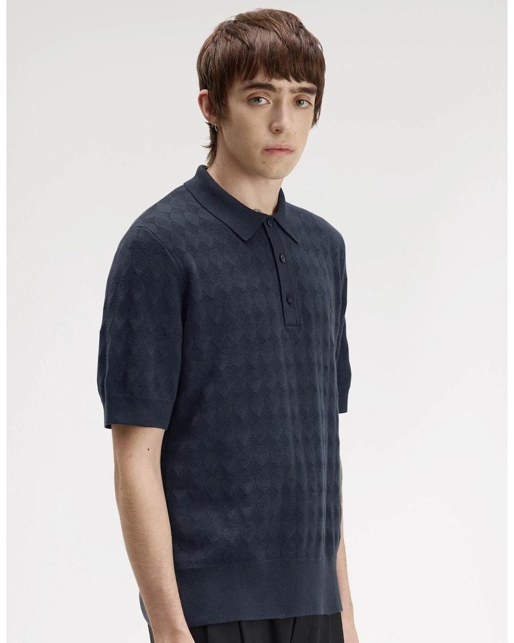 Fred Perry Blue Pointelle Knitted Polo Shirt for men