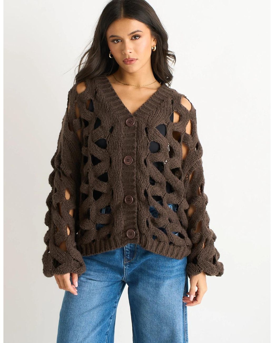 Gini London Brown Chocolate Hollow Chunky Knit Cardigan