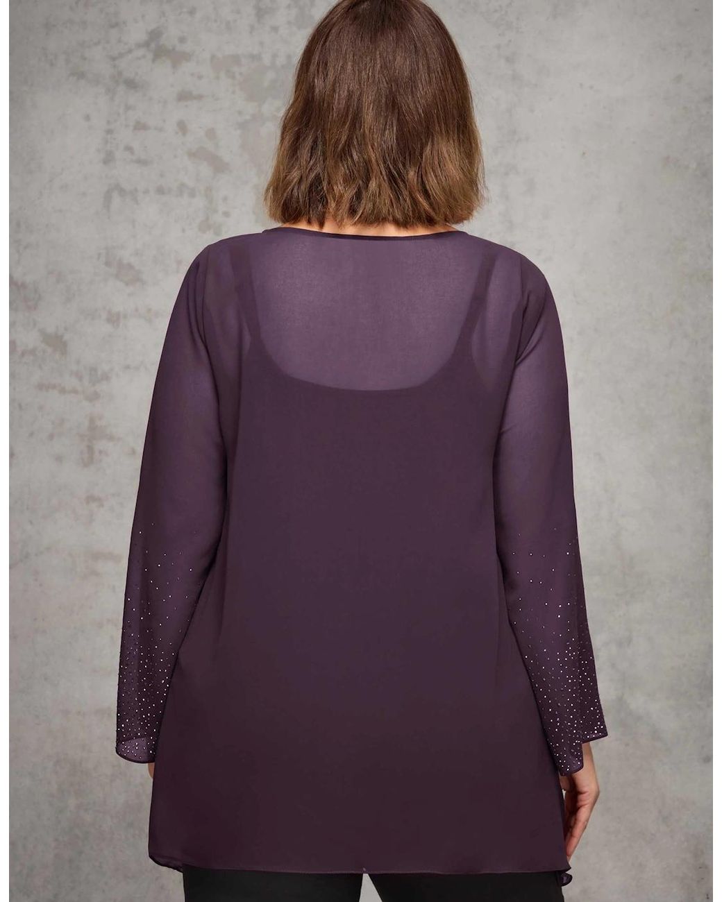Live Unlimited London Purple Plum Sheer Embellished Sleeve Layered Tunic
