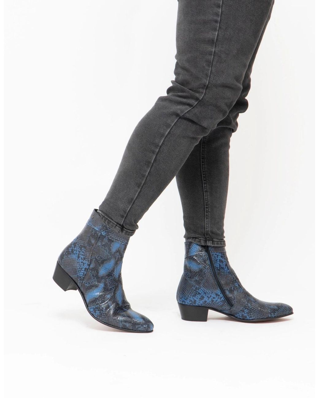 Club Cubano Blue Emmanuel Snakeprint Leather Cuban Heel Boots Azul for men