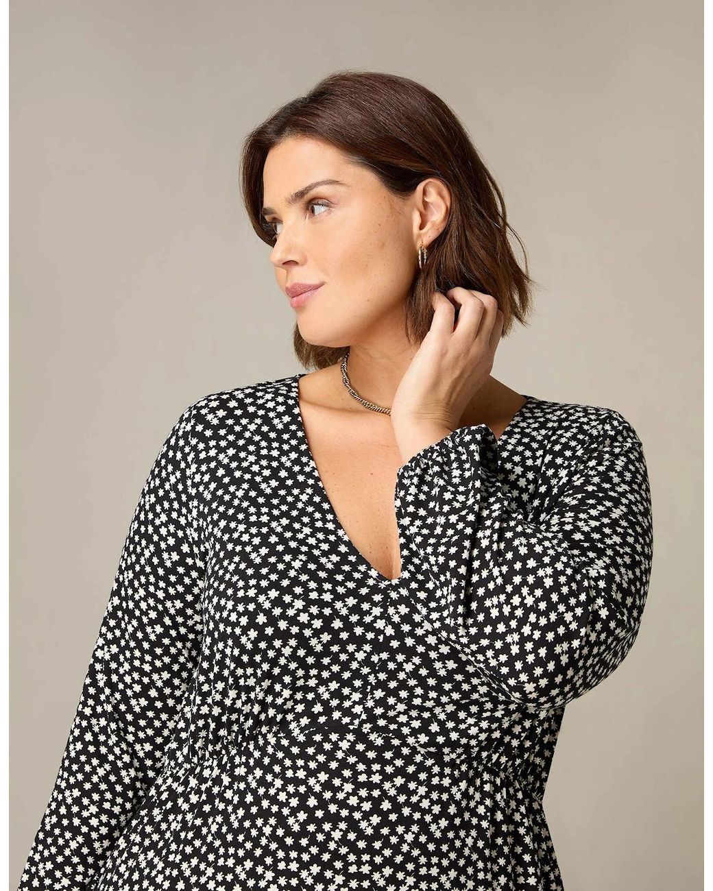 Live Unlimited London Gray Mono Ditsy Print Jersey Gathered Waist Midi Dress