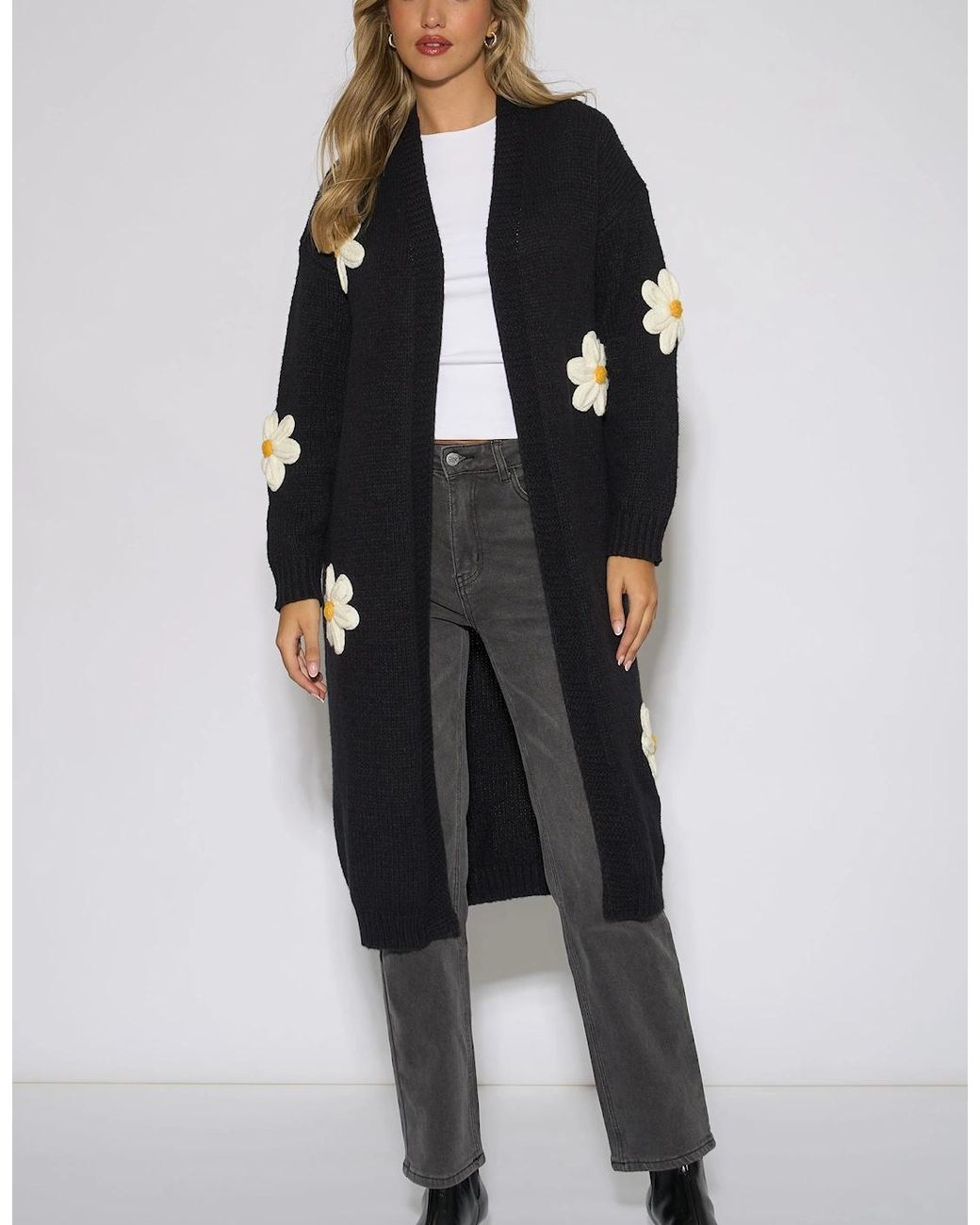 Gini London Black 3D Daisy Flower Longline Cardigan