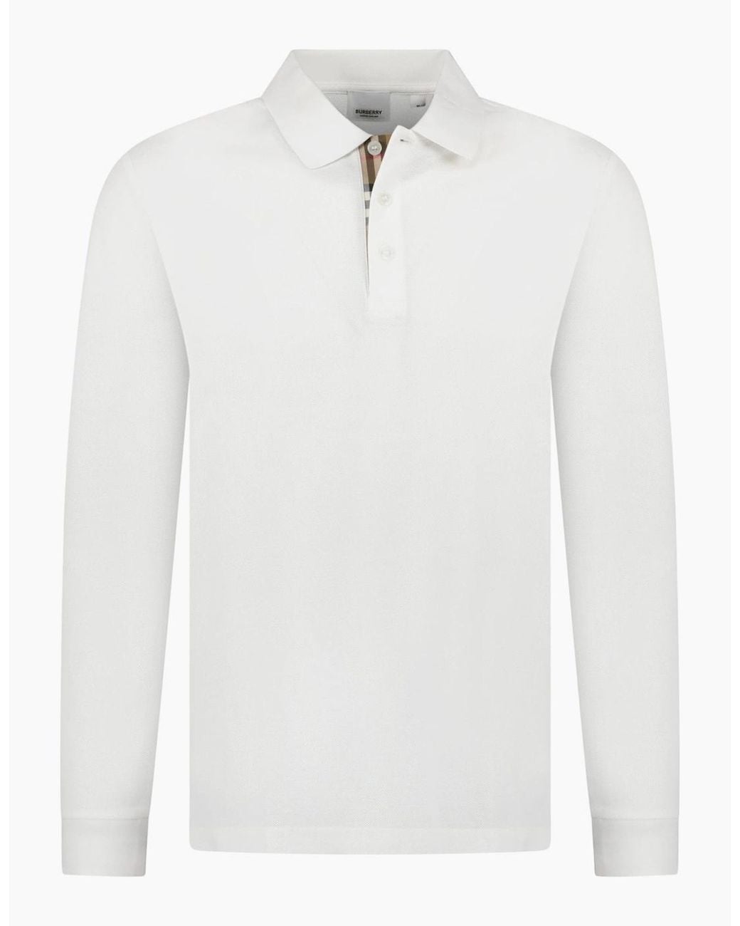 Burberry White 'Hartford' Long Sleeved Check Placket Polo-Shirt for men