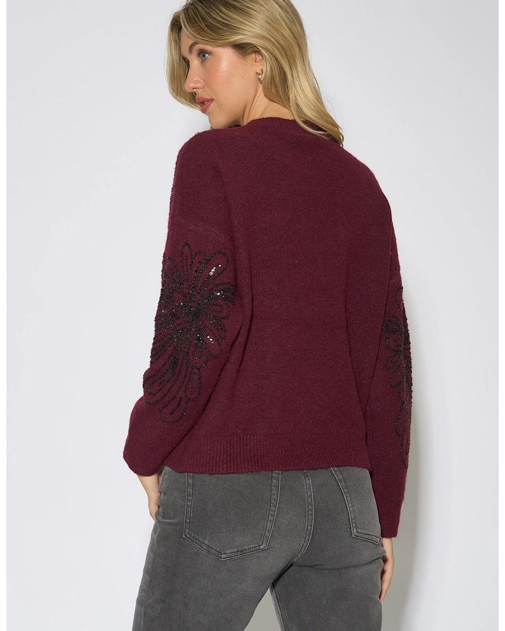 Gini London Red Mulberry Floral Beaded Recycle Content Mix Jumper