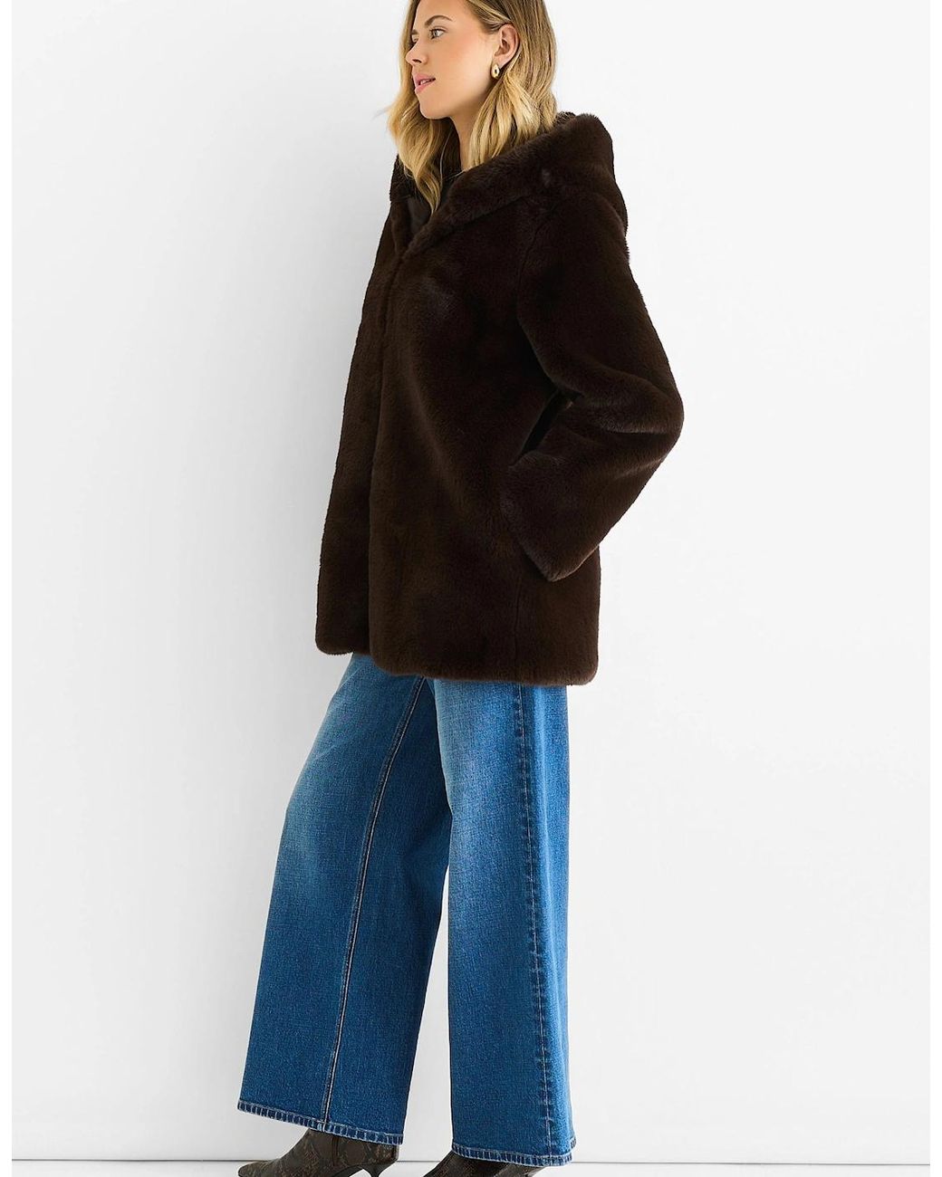 Gini London Black Chocolate Hooded Long Sleeve Faux Fur Jacket