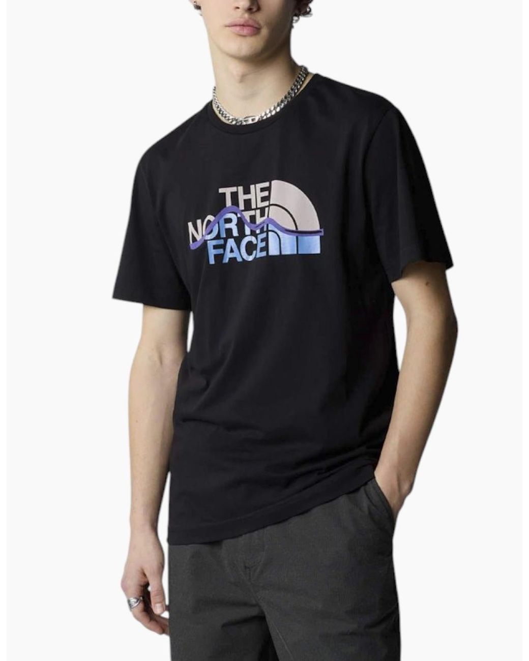 The North Face Black T Shirts Ss Mountain Line Tee Cotton Summer Crew Neck Tops for men