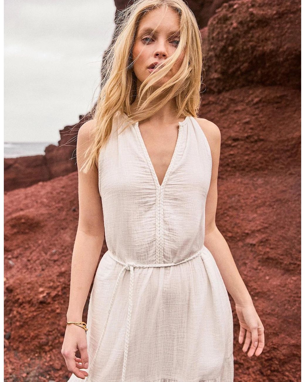 Ro&zo White Petite Ivory Cheesecloth Rope Belt Dress