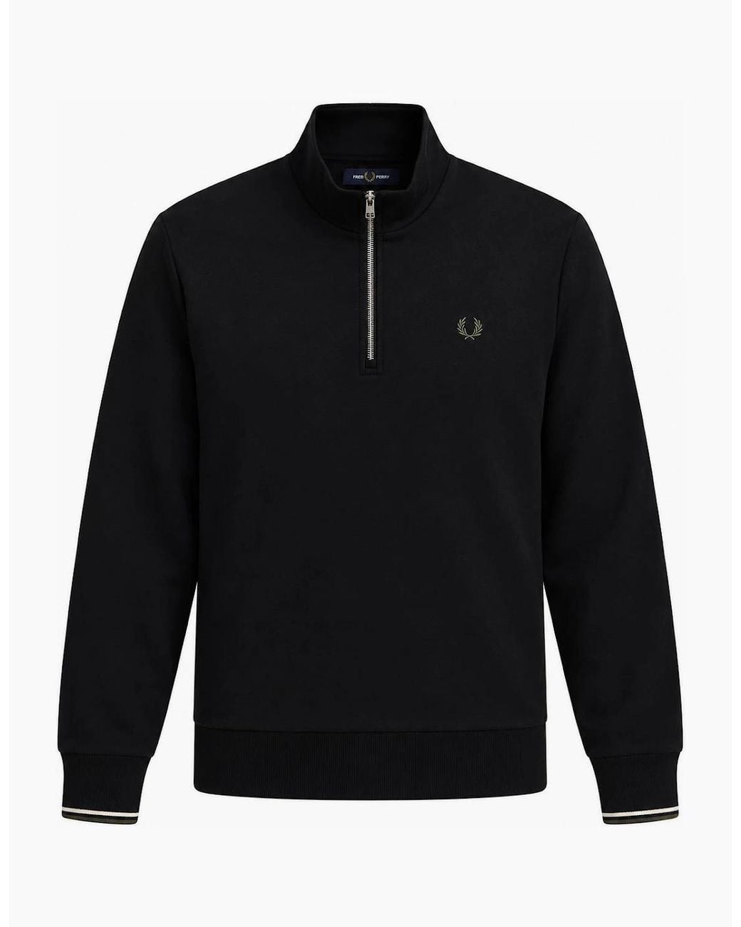 Fred Perry Black Half Zip Sweatshirt/Ecru/Laurel Wreath for men