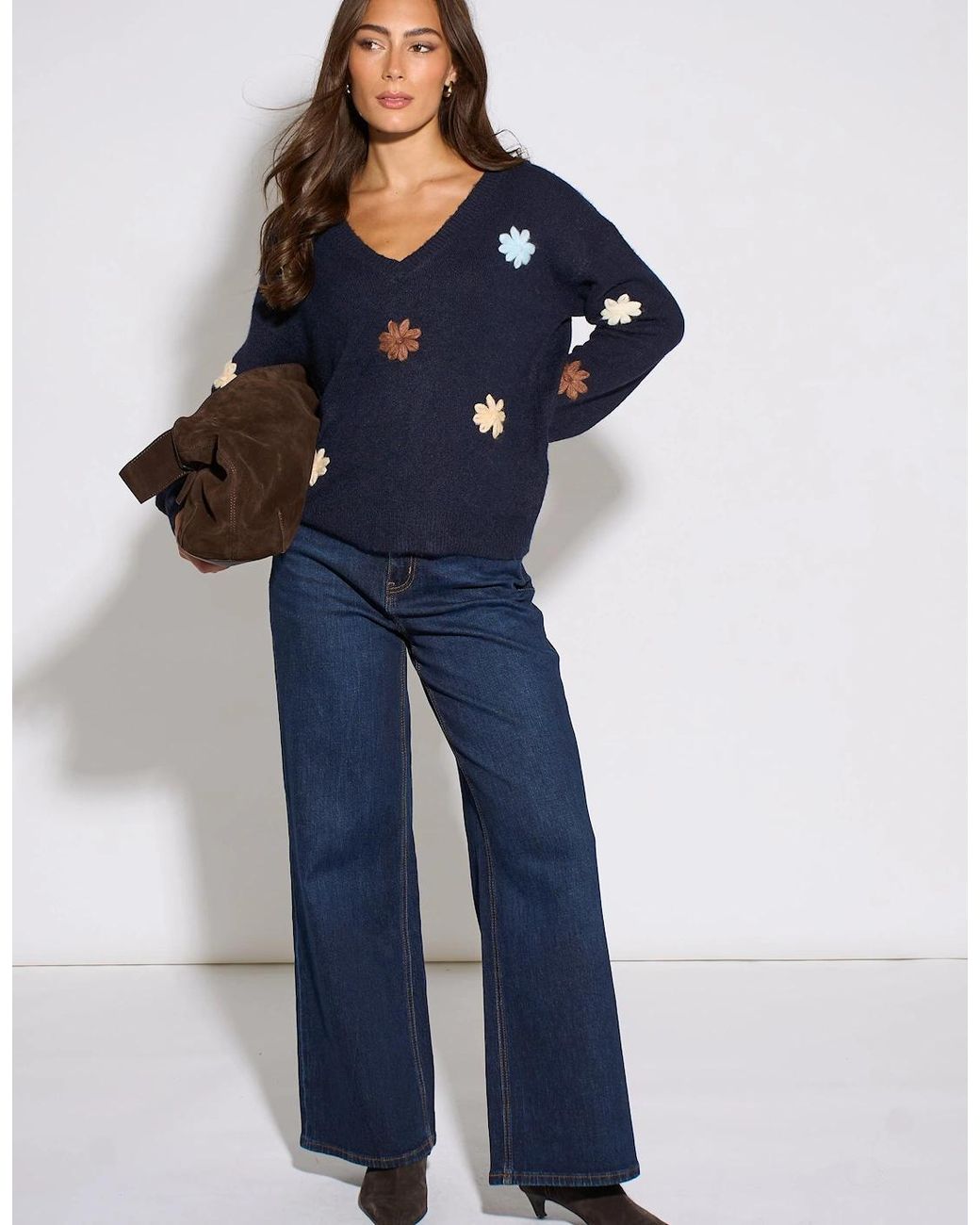 Gini London Blue Crochet 3D Floral Knitted Jumper