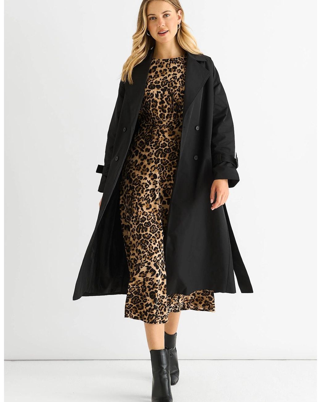 Gini London Black Double Breast Longline Belted Trench Coat