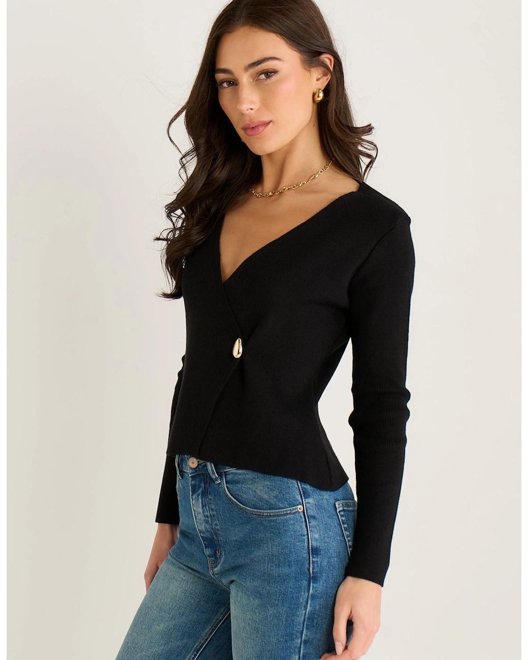 Gini London Black Button Wrap Compact Knit Cardigan
