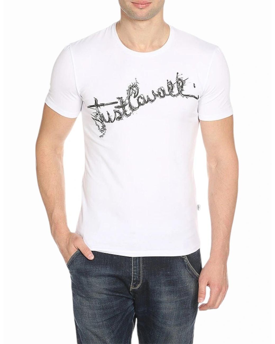 Just Cavalli White S03Gc0368 Printed T Shirts Crew Neck Summer Cotton Tee