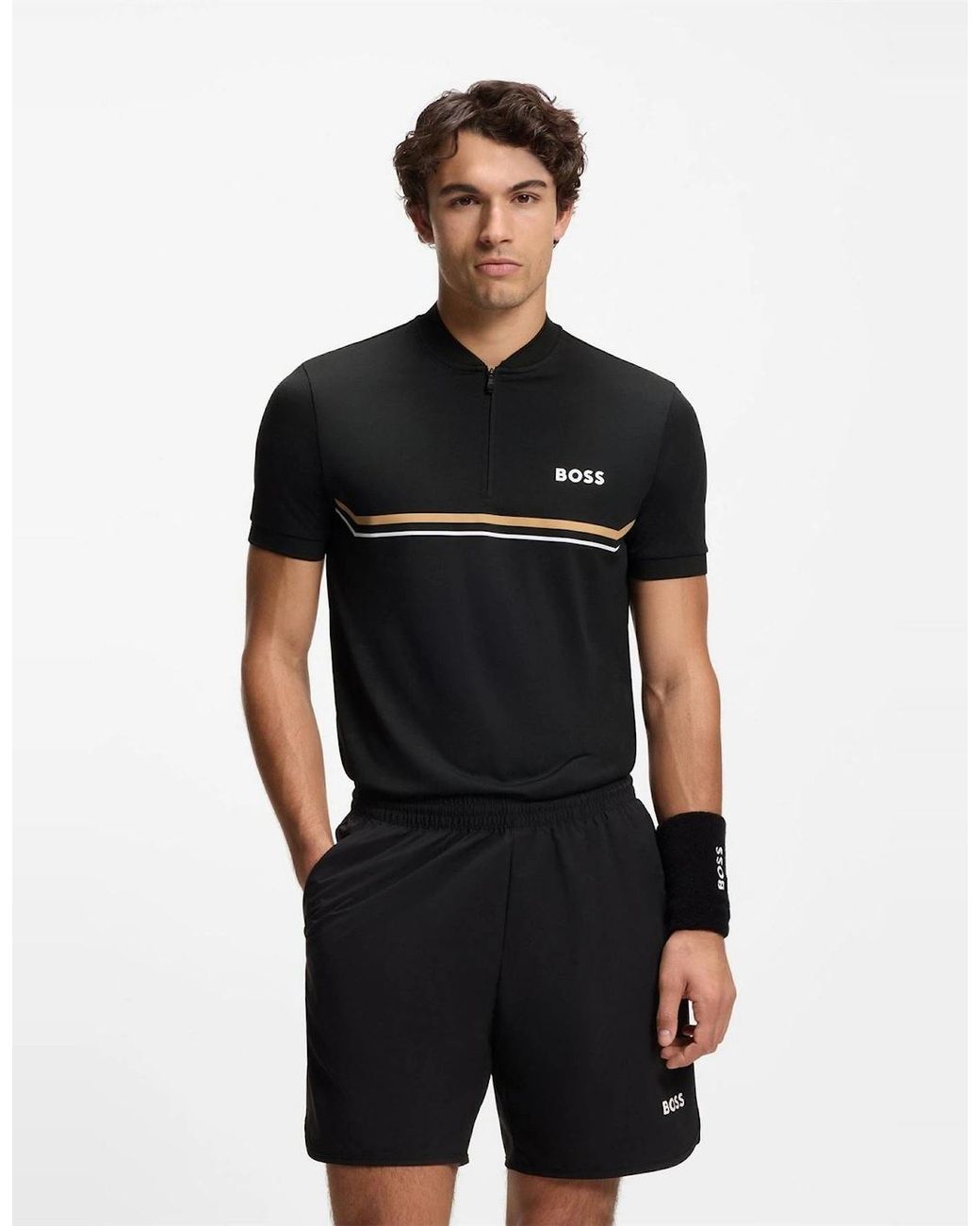 Boss Black Wordmark Graphic Zip Neck Band Collar Slim Fit Polo T-Shirt for men
