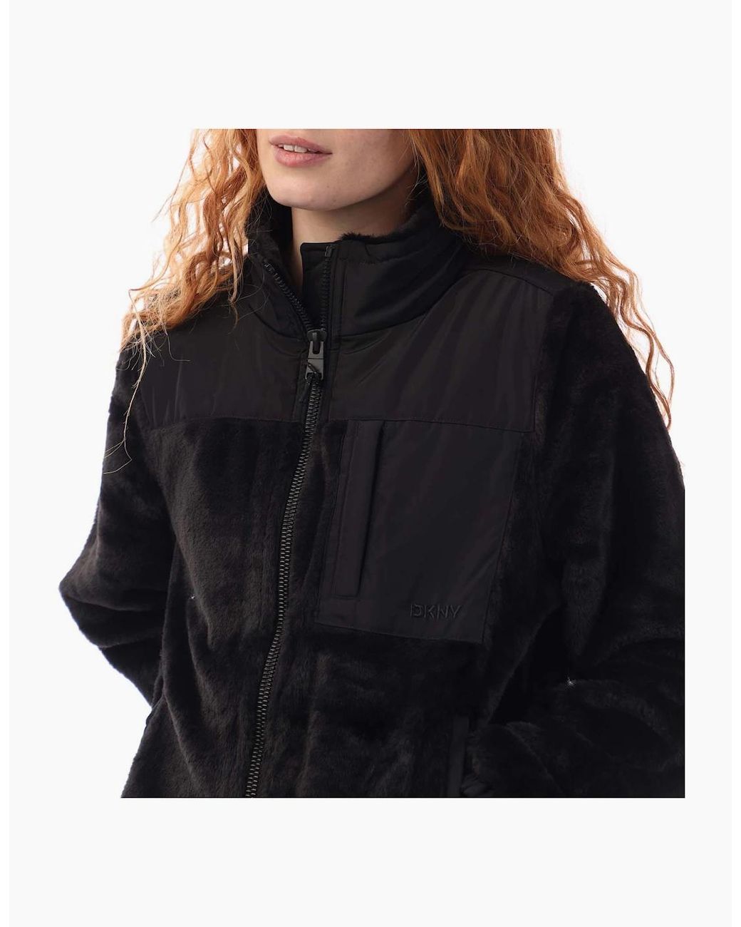 DKNY Black Full Zip Teddy Fur Transitional Jacket