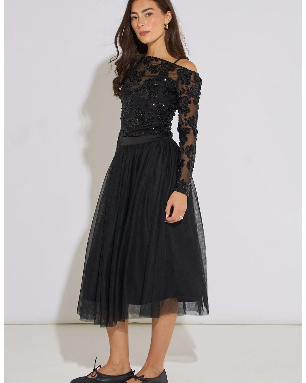 Gini London Black Tulle Skater Midi Skirt