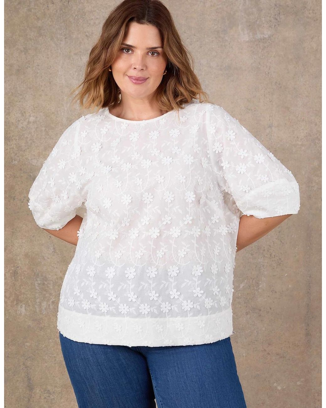 Live Unlimited London White Floral Embroidered Puff Sleeve Blouse