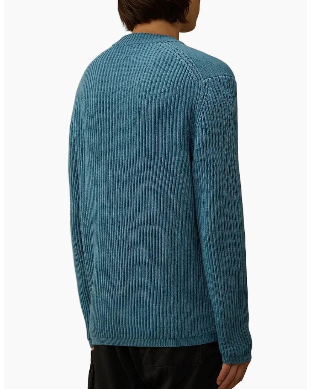 C P Company Blue Re-Wool Full Rib Crewneck Lens Knit for men