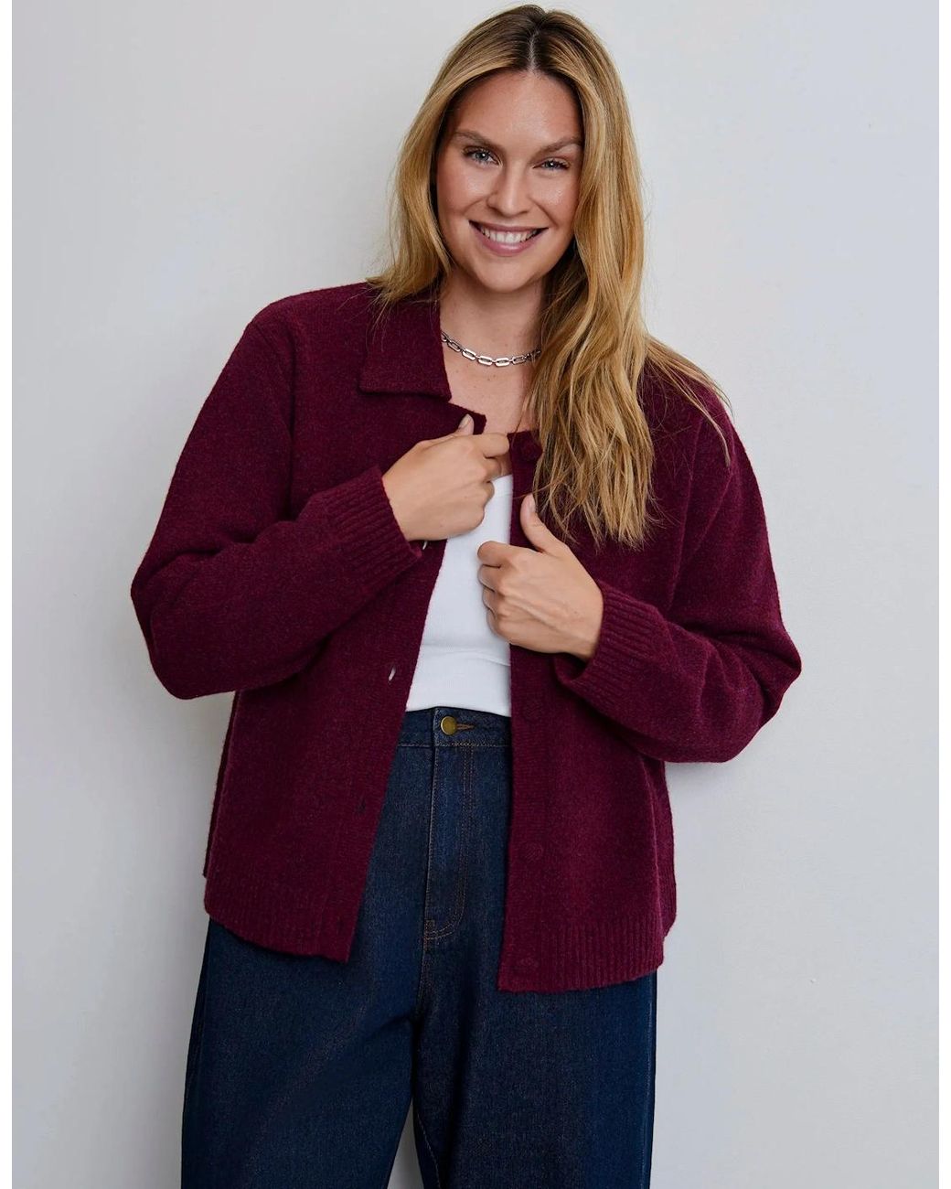 Live Unlimited London Red Burgundy Wool Blend Polo Collar Cardigan