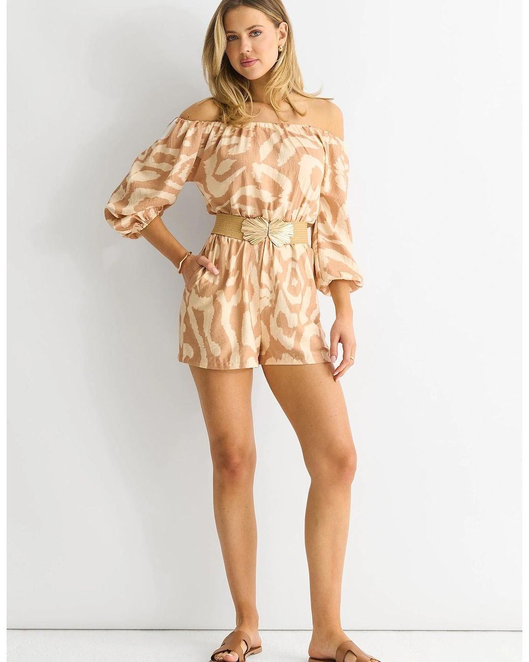 Gini London Natural Abstract Belted Bardot Viscose Playsuit