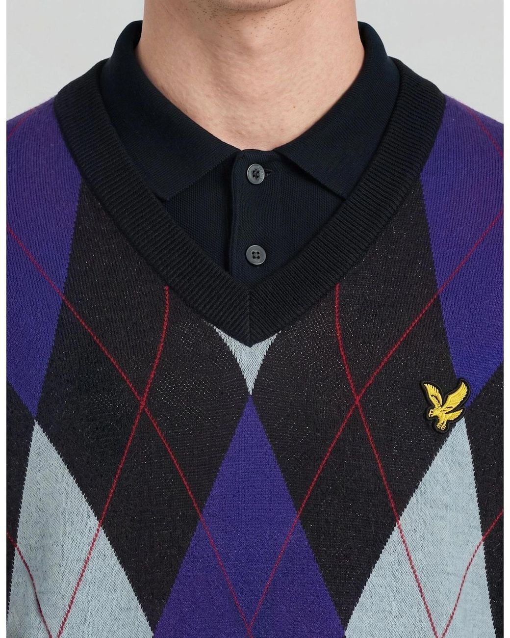 Lyle & Scott Blue Archive Argyle Knitted V-Neck Jumper for men