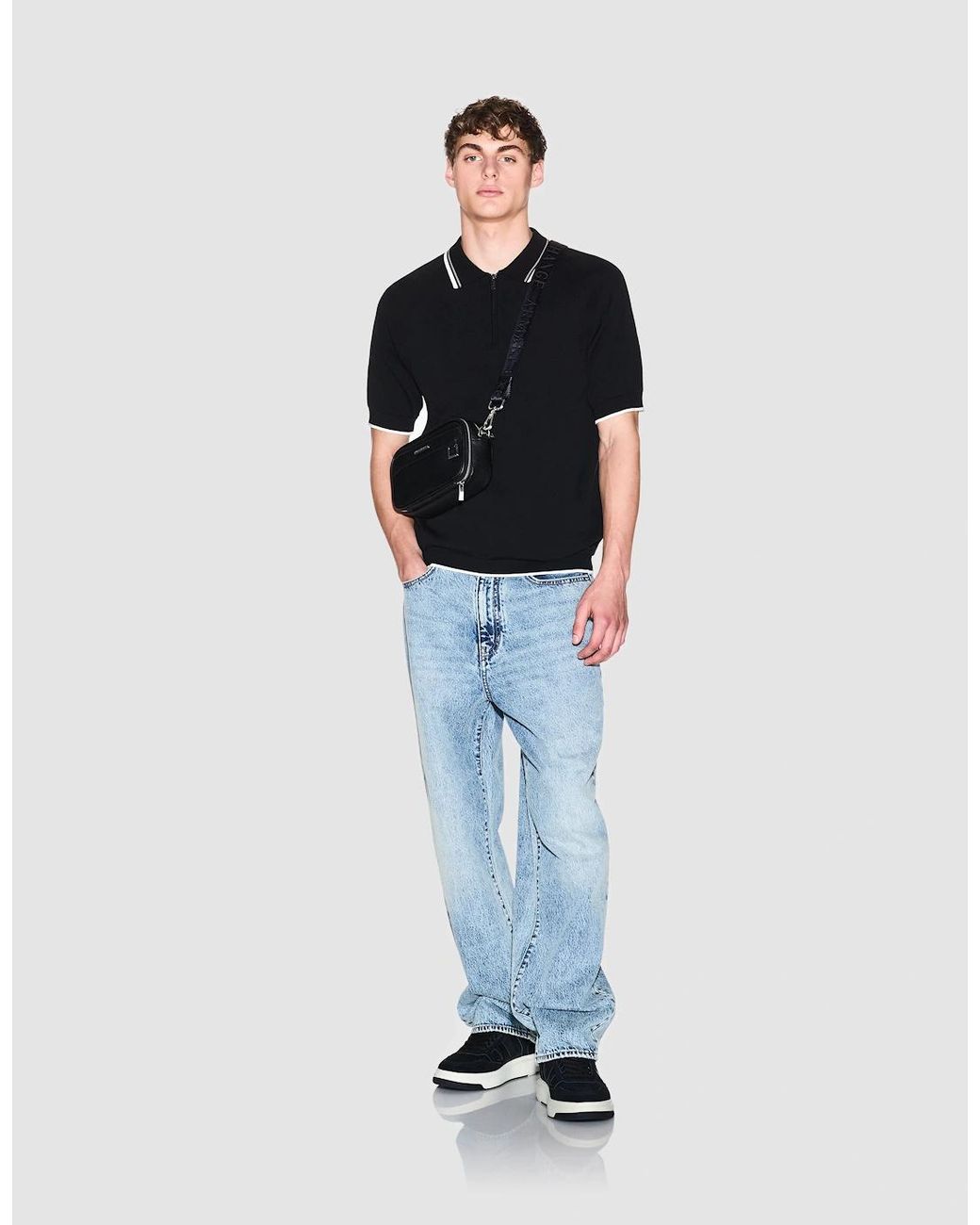 ARMANI EXCHANGE Black Zip Placket Knit Polo for men