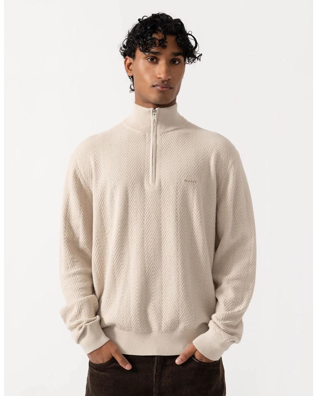 Gant Natural Herringbone Texture Half Zip Sweater for men
